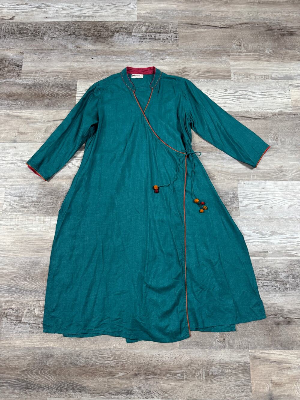 Vintage 90s Fabindia Silk Wrap Tunic Teal Beaded Tassel Boho India Medium